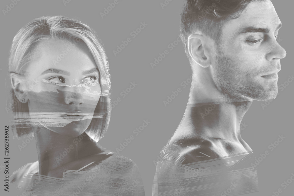 double exposure of beautiful woman and handsome man and hills and sky on grey double exposure of beautiful woman and handsome man and hills and sky on grey