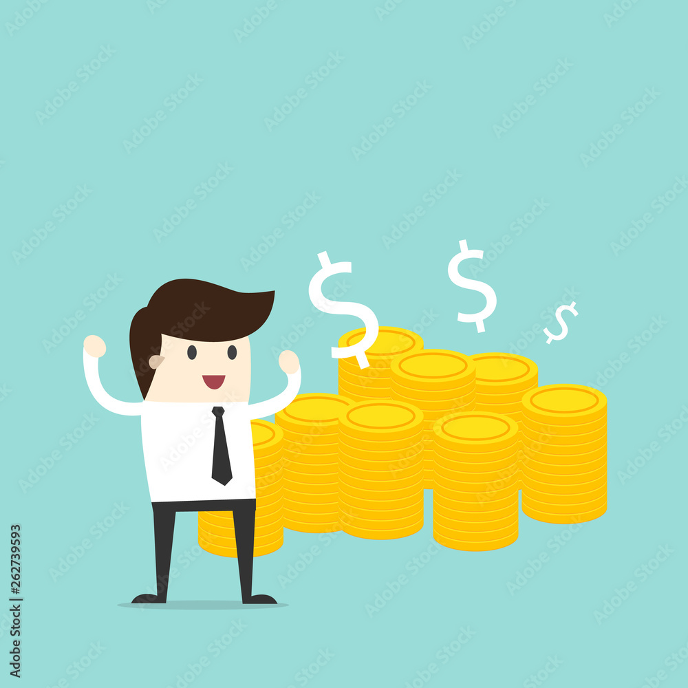 Business man stand with gold coin to investment, financial savings long-term deposit investment . Business man stand with gold coin to investment, financial savings long-term deposit investment .