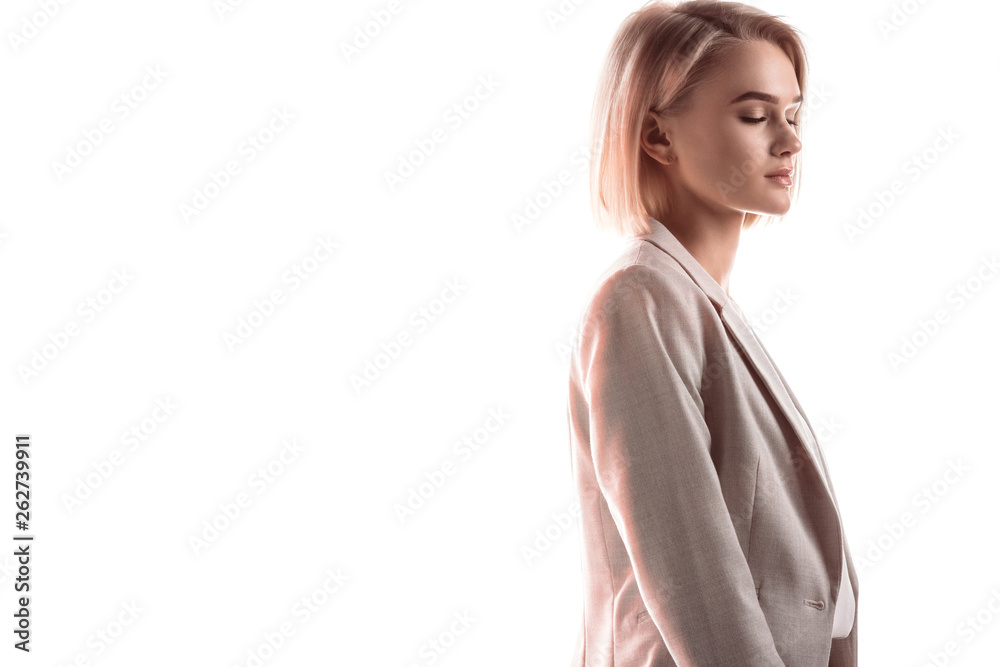 beautiful, pensive businesswoman with closed eyes isolated on white beautiful, pensive businesswoman with closed eyes isolated on white