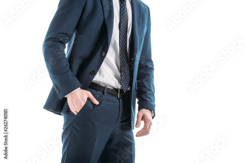 partial view of businessman in suit with hand in pocket isolated on white