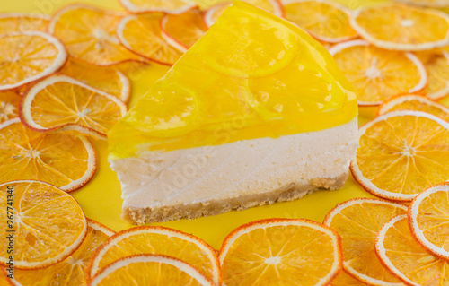 piece of lemon cheesecake on yellow background