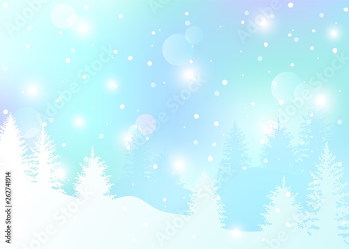 Vector winter landscape background. Template with Christmas trees, glowing lights, snowflakes and lens flare for Christmas and New Year greeting card. Xmas card with copy space for your text. © Olga