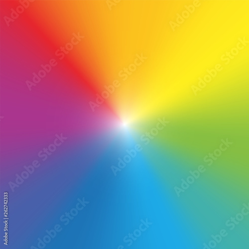 Rainbow color background wallpaper. Gradient spectral colored rays with light center. Vector graphic illustration.