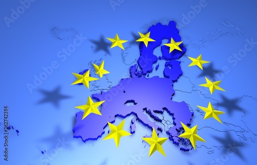 Europe blue flag with yellow stars and European Union map