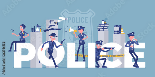 Police giant letters with male, female officers. Policemen in uniform, working for prevention, detection of crime, carry professional duty of maintaining law. Vector illustration, faceless characters