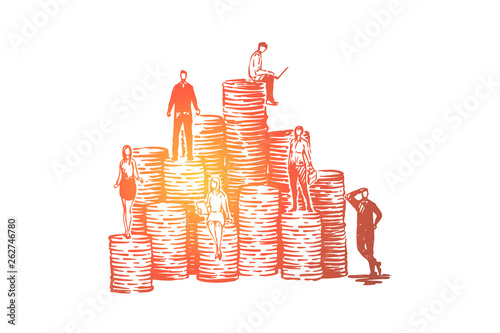 Coworkers on coin stacks, business development team, budget management, capital, income growth, banking system