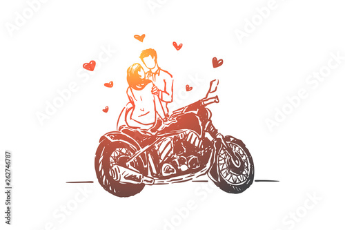 Young couple on date outdoors, girlfriend and boyfriend with motorcycle, amorous relationship