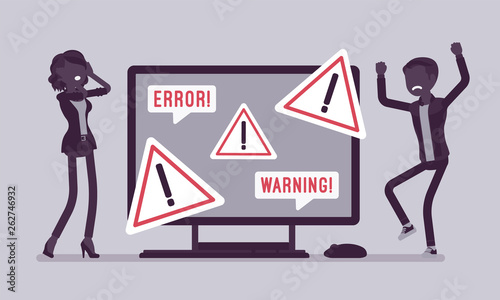 PC error, warnings for users. Angry male, female clients near monitor indicating potential hazard, attention symbol, information on device alerts of problem. Vector illustration, faceless characters
