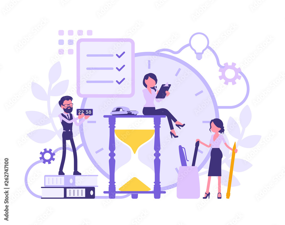 Time management, giant hourglass clocks and business people. Managers control employees working well, do tasks productively, spend hours in office. Vector abstract illustration with faceless character