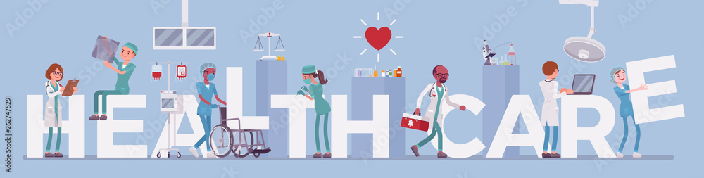 Health care giant letters and doctors. Medical help and professional hospital support symbol, clinic organization with licensed professionals for treatment and therapy. Vector illustration