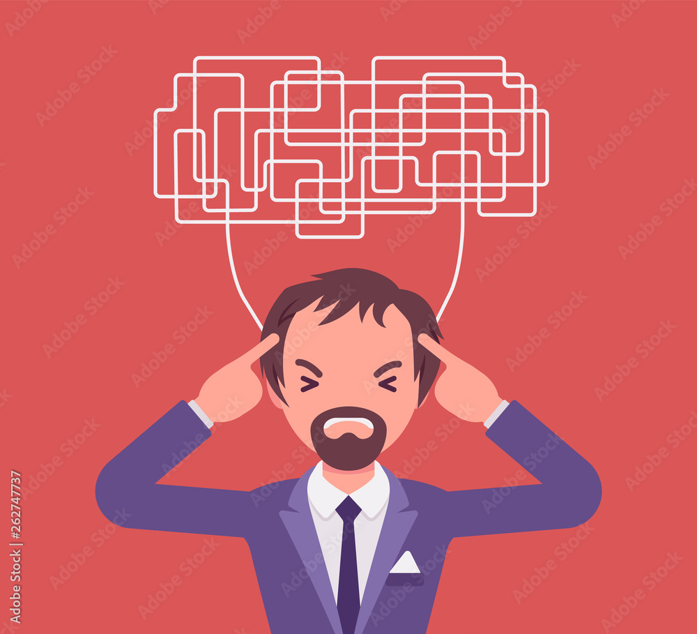 Man with confused thoughts unable to think clearly for decision. Complicated and chaotic ideas in disorder, manager perplexed with many difficult tasks, head full of problems. Vector illustration Man with confused thoughts unable to think clearly for decision. Complicated and chaotic ideas in disorder, manager perplexed with many difficult tasks, head full of problems. Vector illustration