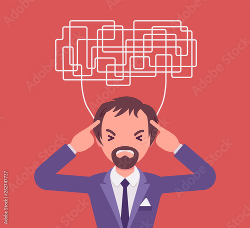 Man with confused thoughts unable to think clearly for decision. Complicated and chaotic ideas in disorder, manager perplexed with many difficult tasks, head full of problems. Vector illustration