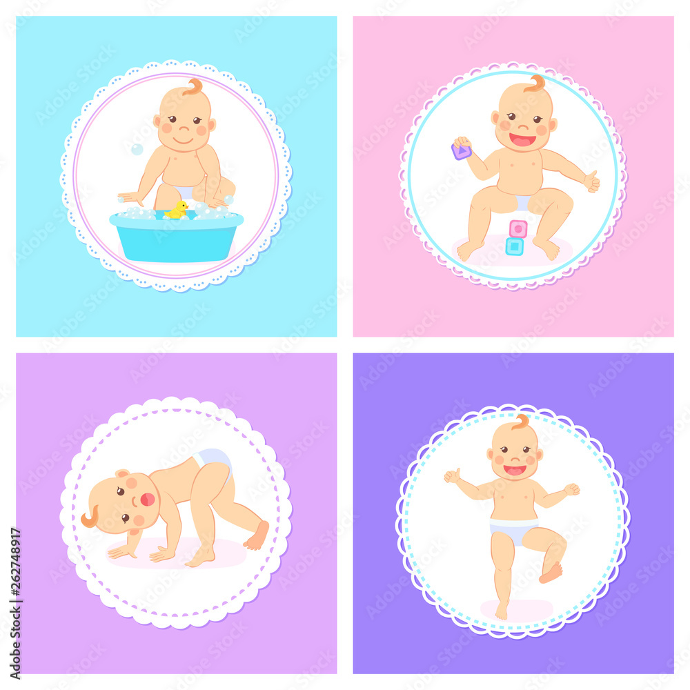 Small kid active child vector, container with bubbles and rubber duck, playing kiddo flat style. Crawling and dancing children newborn baby in diaper