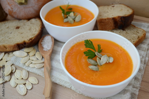 Pumpkin soup. Gourmet food is healthy and very tasty.
