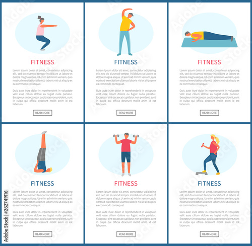 Fitness sports people in gym vector, man and woman working out, losing weight. Men with dumbbells, planking person on mat, squats training websites