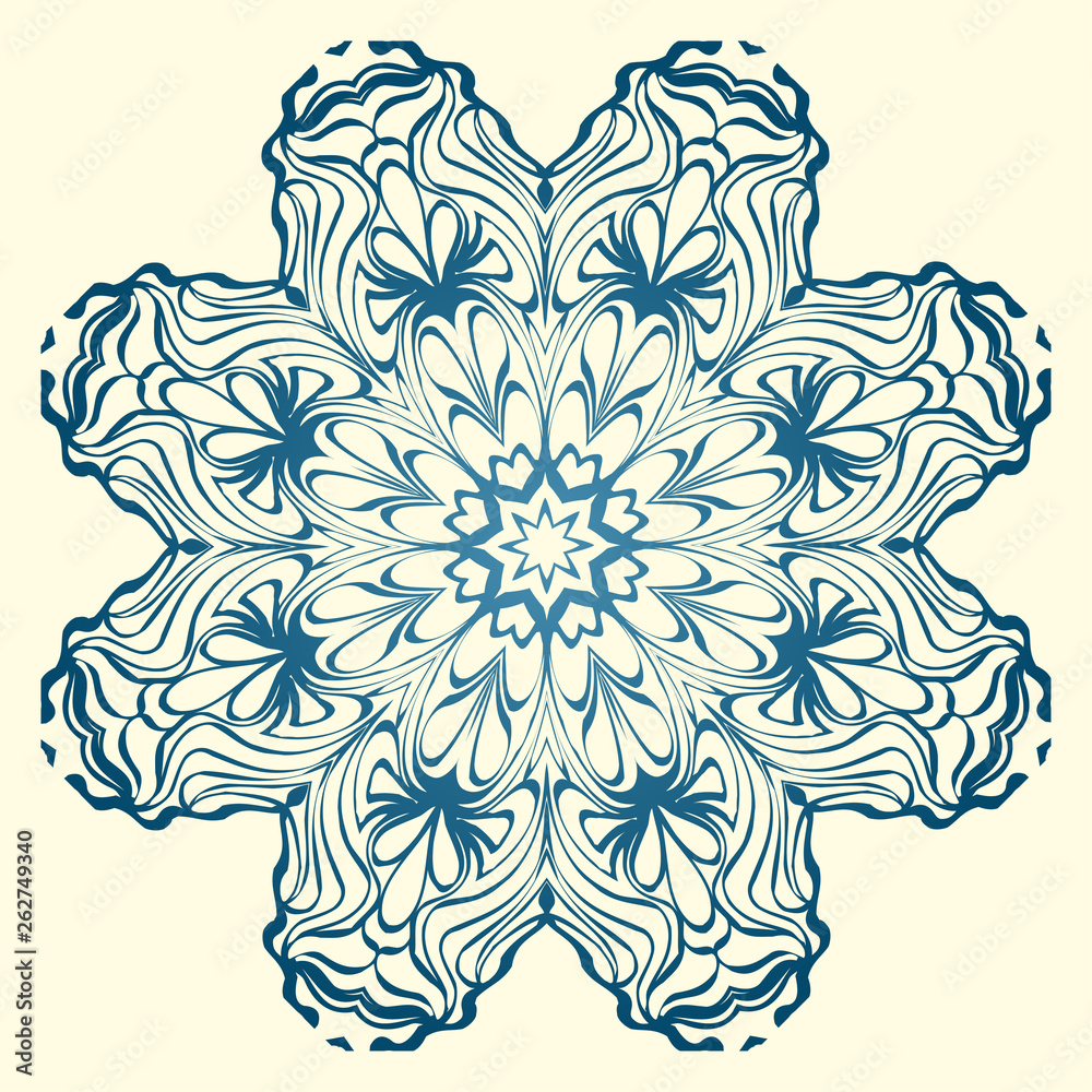 Round Symmetrical Pattern. Mandala. Kaleidoscopic Design. Vector Illustration. Oriental Pattern. Indian, Moroccan, Mystic, Ottoman Motifs. Anti-Stress Therapy Pattern. Blue, milk color