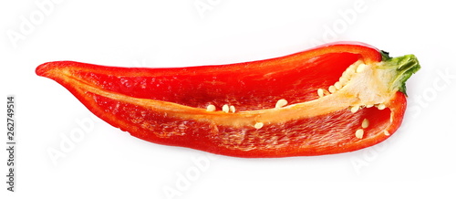 Fresh red paprika sliced in half isolated on white background, top view