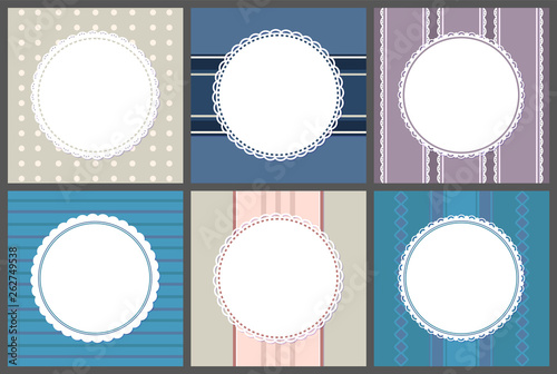 Round spare frames on stripped. Vector circle border place for text, ornamental framing on purple, blue and pink. Mockups of banners, templates of info cards
