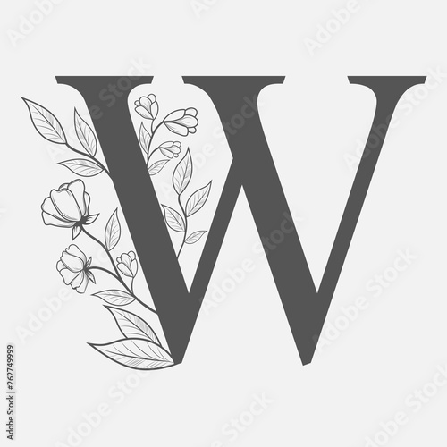 Uppercase Letter W with flowers and branches. Vector flowered monogram or logo. Hand Drawn concept. Botanical design branding. Composition of letter and flowers for wedding card, invitations, brand