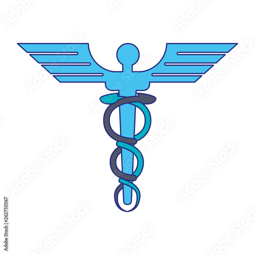 Caduceus medical symbol with wings and sword blue lines