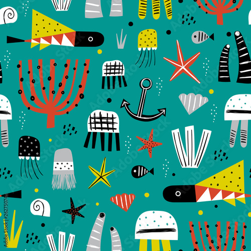 Seamless vector pattern with hand drawn fishes and marine life. Summer bright background for fabric design. Scandinavian style.