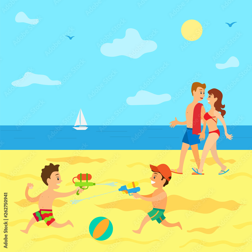 Summertime vacations of kids vector, parents walking along sea while children having battle with guns. Sailboat on water surface, water fight of boys