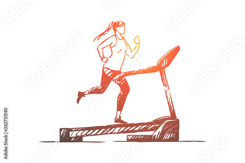 Sportswoman on running track, young woman using training apparatus for jogging, treadmill workout