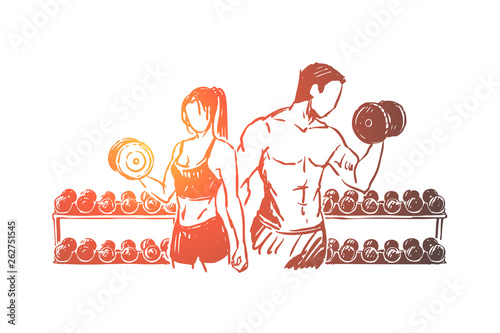 Bodybuilders couple working out in gym, weight lifting exercise with dumbbells, sportsman and sportswoman