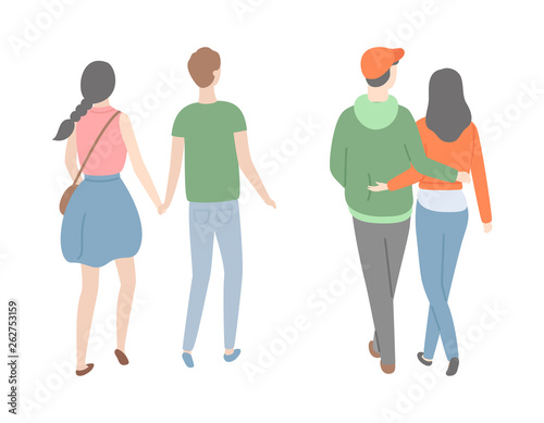 Happy couple back view, dating lovers, isolated people. Vector male and female cartoon characters spend time together. Man and woman in love holding hands