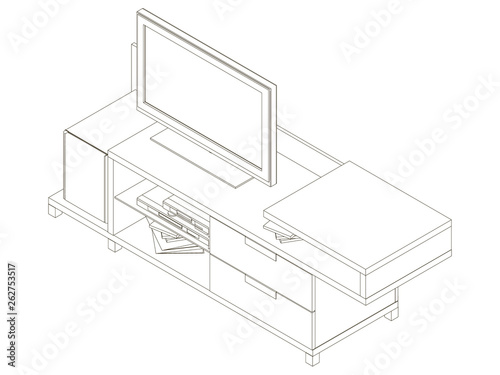 Contour nightstand with TV. Table for home appliances. Isometric view. Vector illustration