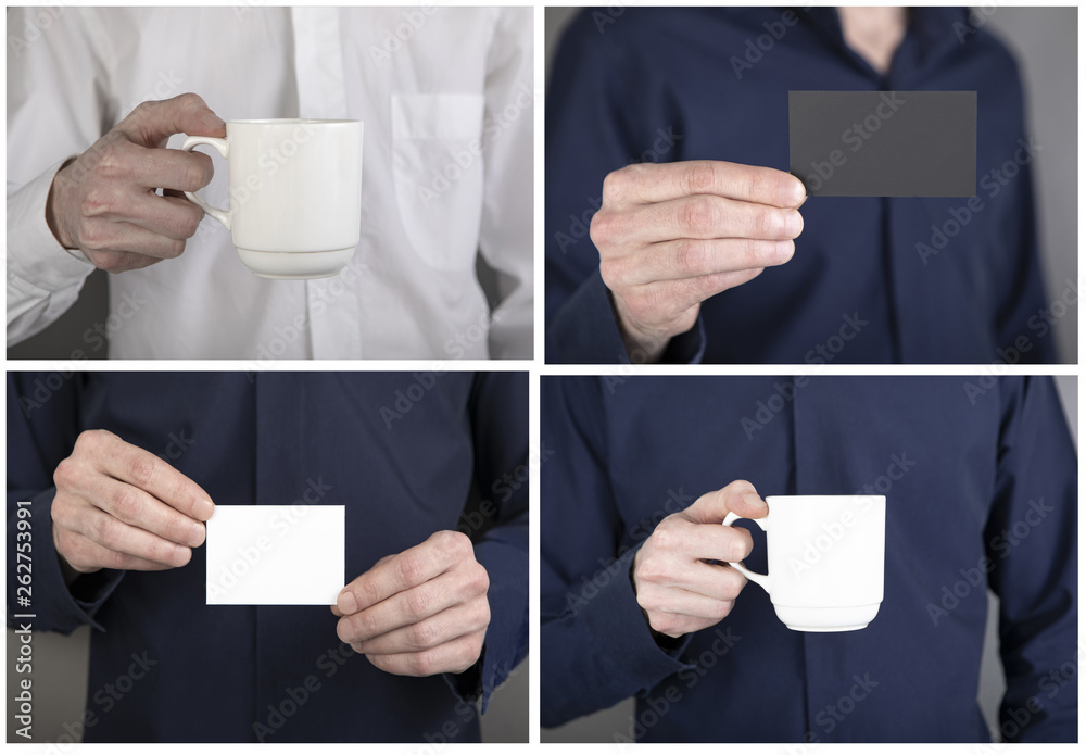 A man holding business card and mug A man holding business card and mug