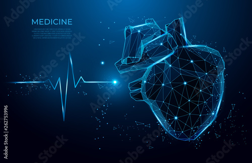 Abstract heart beat form lines and triangles, point connecting network on blue background. 3d medicine model low poly