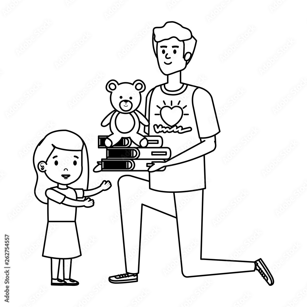 man volunteer giving a girl books and bear teddy