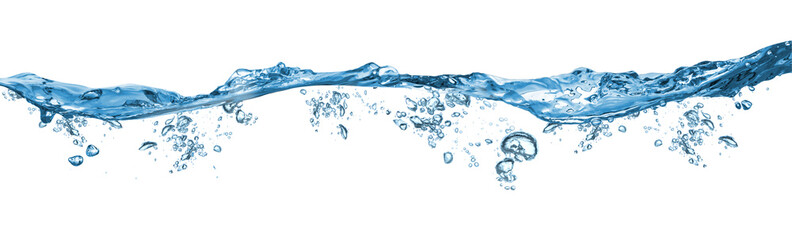 fresh blue natural drink water wave wide panorama with bubbles concept isolated white background