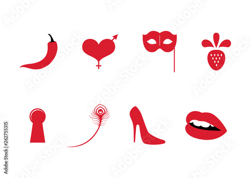 Red sexy icons set vector. Erotic icons for adults. Valentine's Day elements isolated on a white background