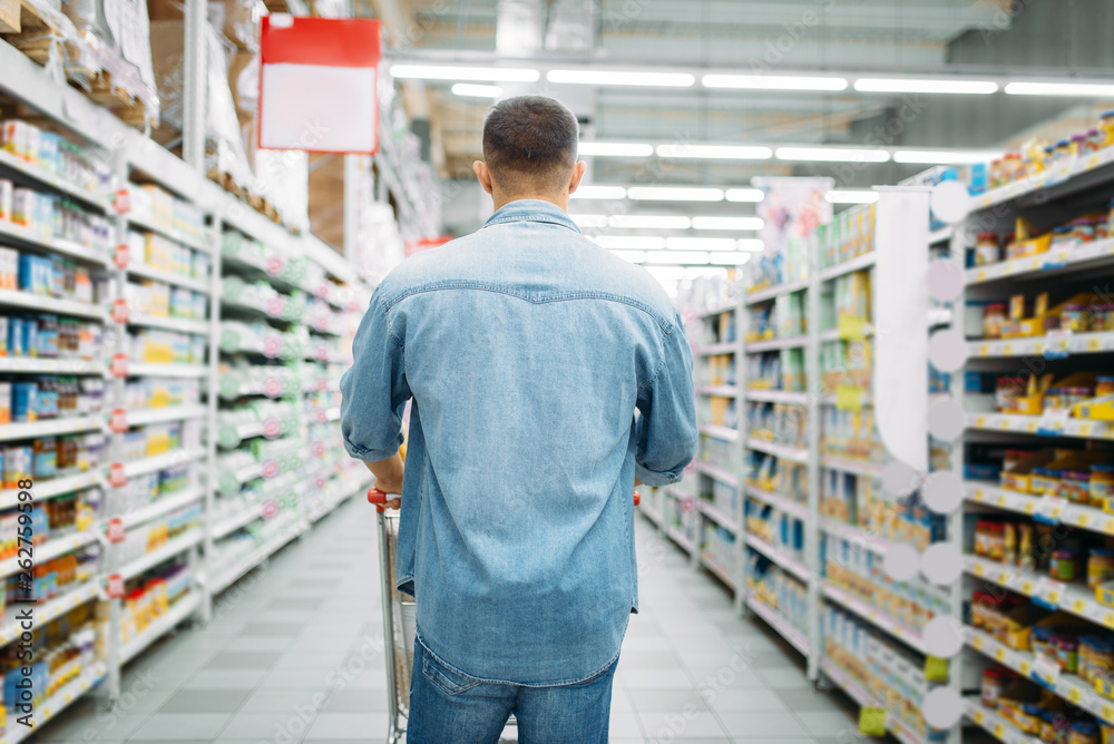 Man with cart in supermarket, back view