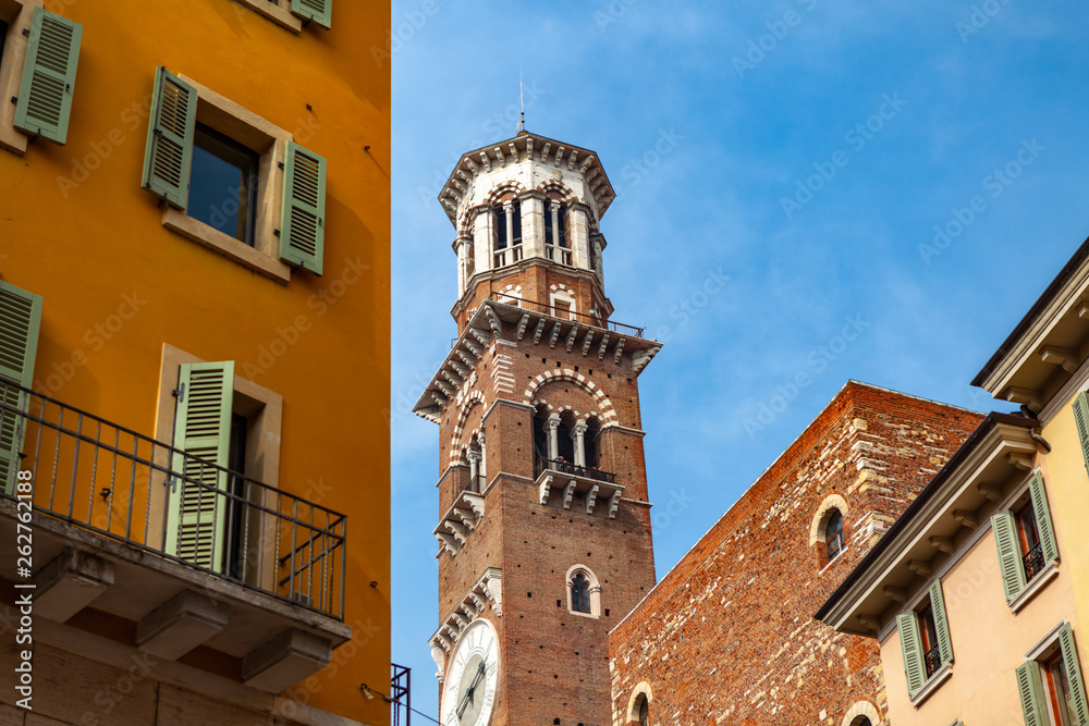 Verona, Italy – March 2019. Historic town square Elbe with stairs surrounded by cafes and buildings of peculiar architecture, Verona, Italy