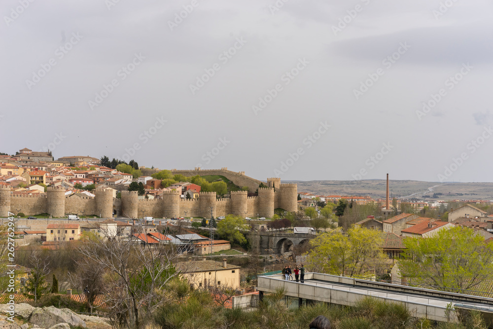 Travel, View of the medieval wall of the city of Avila, in Spain. Spanish fortress