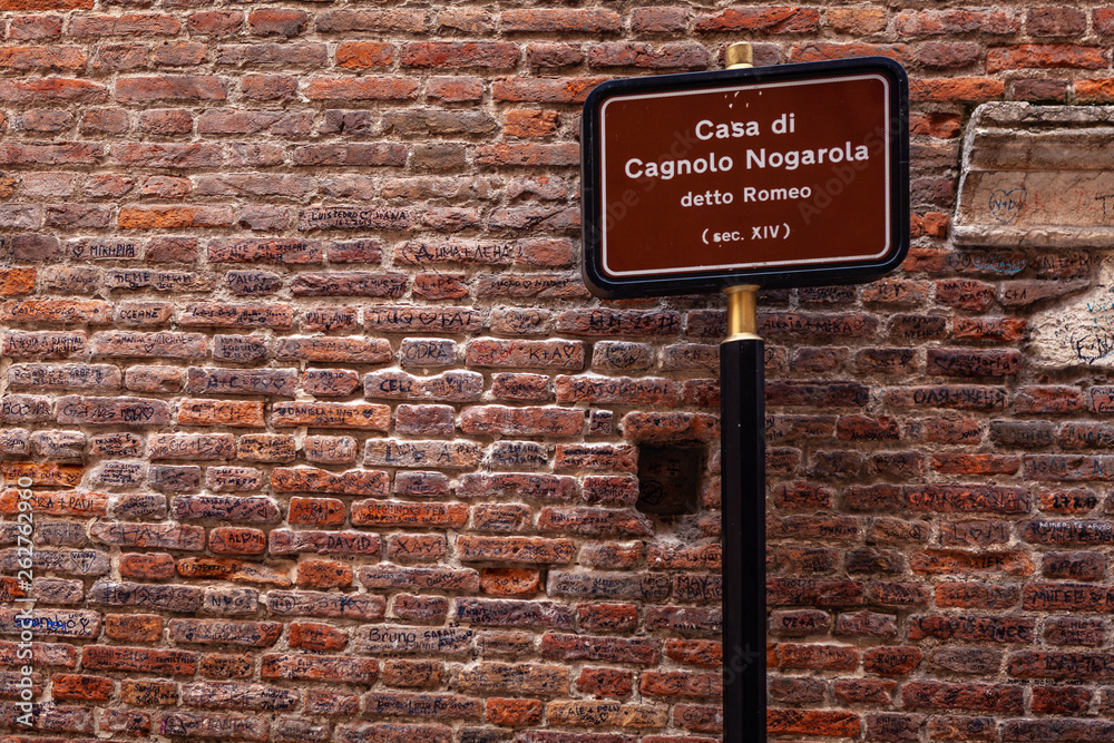 Verona, Italy – March 2019. Streets and buildings of ancient Verona city at the sunny summer day.