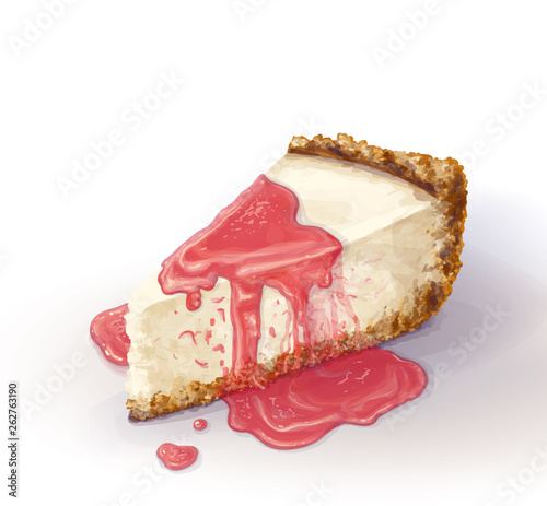 Vector piece of cheesecake cake with airy and tender, delicate creamy-curd cheese. Crisp and crumbly cake with back. Berry jam, juicy, liquid. Appetizing, realistic, homemade cakes, drawn by hand.