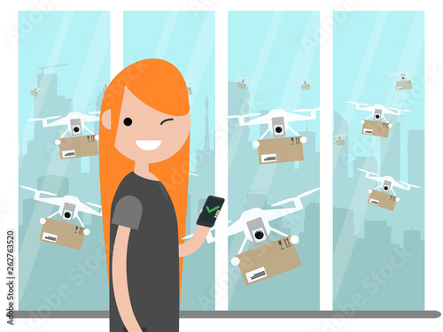 Drone delivery service.Many drones receiving the parcels .Young character near the window.Flat cartoon designClip art