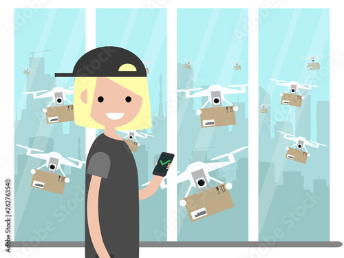 Drone delivery service.Many drones receiving the parcels .Young character near the window.Flat cartoon designClip art