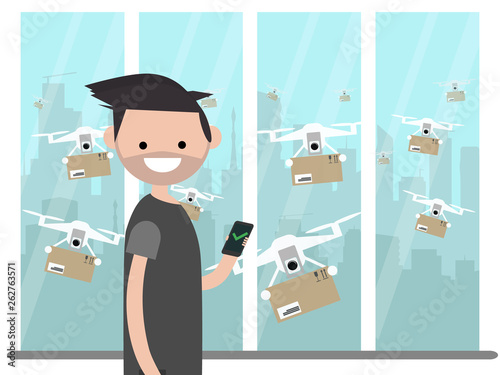Drone delivery service.Many drones receiving the parcels .Young character near the window.Flat cartoon designClip art