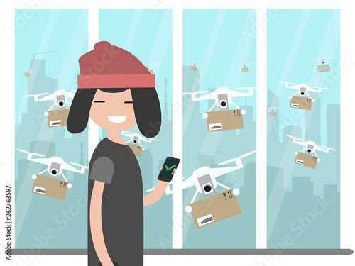 Drone delivery service.Many drones receiving the parcels .Young character near the window.Flat cartoon designClip art