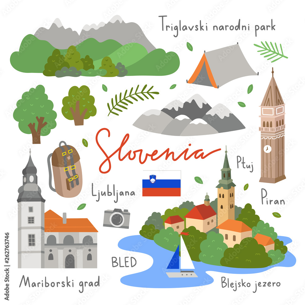 Slovenia vector illustrations set on white background. Visit Slovenia icons and symbols. Travel elements with nature and architecture of Europe