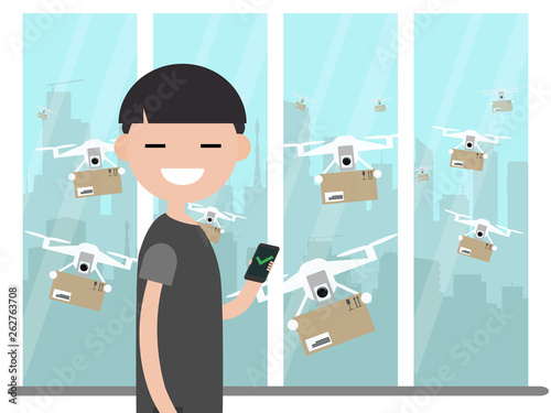 Drone delivery service.Many drones receiving the parcels .Young character near the window.Flat cartoon designClip art