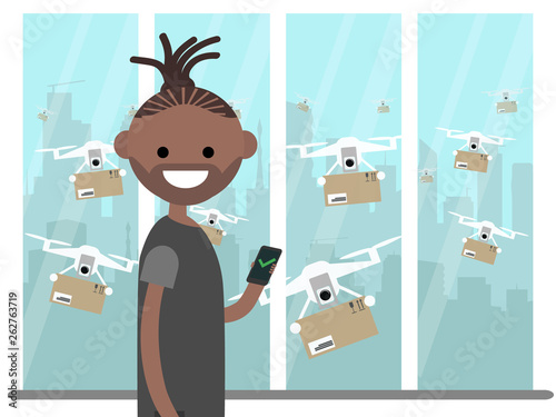 Drone delivery service.Many drones receiving the parcels .Young character near the window.Flat cartoon designClip art