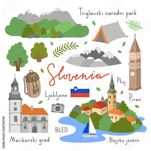 Slovenia vector illustrations set on white background. Visit Slovenia icons and symbols. Travel elements with nature and architecture of Europe