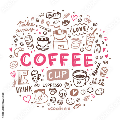 Coffee elements doodle set on white background. Hand drawn cute coffee and sweet desserts illustrations for cafe decoration © redchocolatte