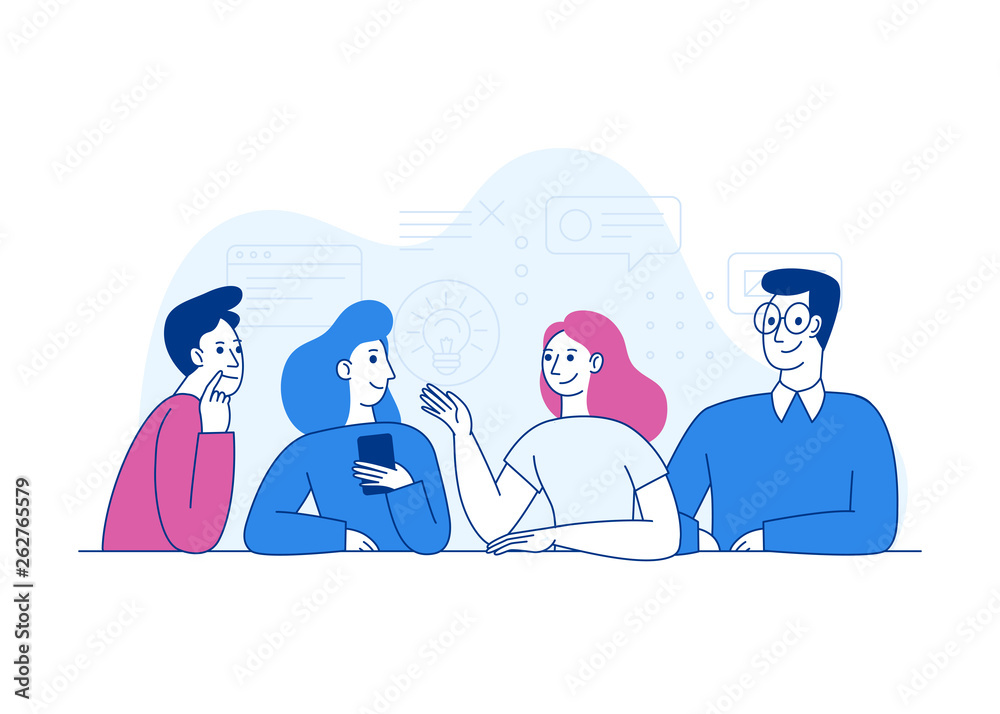 Vector illustration in trendy flat linear style - creative team working together - guys and girls - business meeting and conference